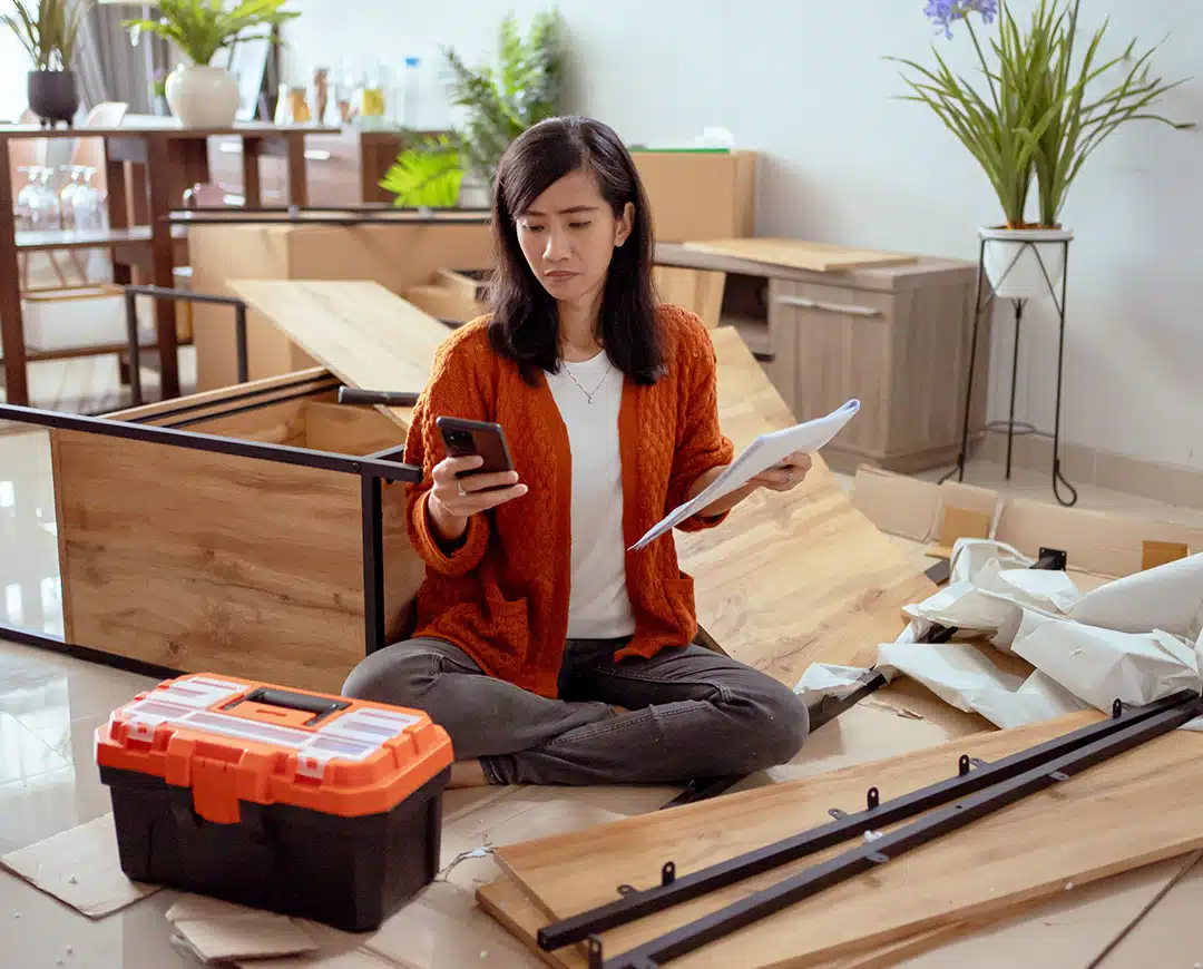 Woman calling support for furniture assembly help